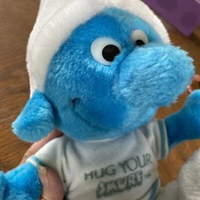 Vintage 1979 Peyo Happy Smurf Blue & White 10" With Hug Your Smurf Shirt