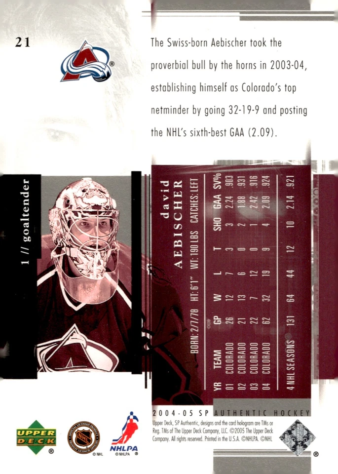David Aebischer - Signed 2004-05 Upper Deck SP Authentic Card #21 - Image 2 of 2