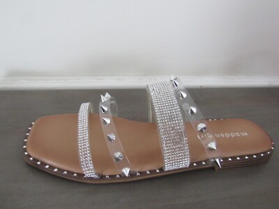Madden Girl Womens Sandal Highwayy Silver Spikes Clear Rhinestone Flat Size 8.5M