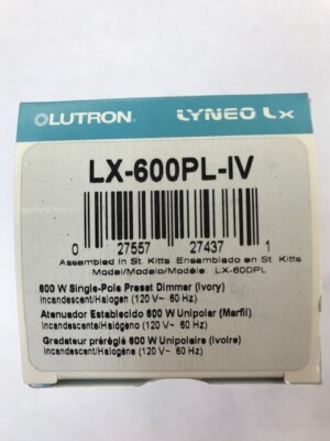 LUTRON LYNEO LX 600 Watt Single Pole Preset Dimmer Ivory #LX-600PL-IV 120 V