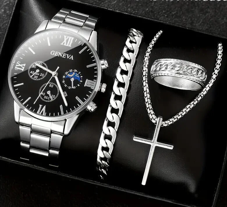 4 Pcs Set Fashion Silvery Quartz Watch Cross Necklace Bracelet