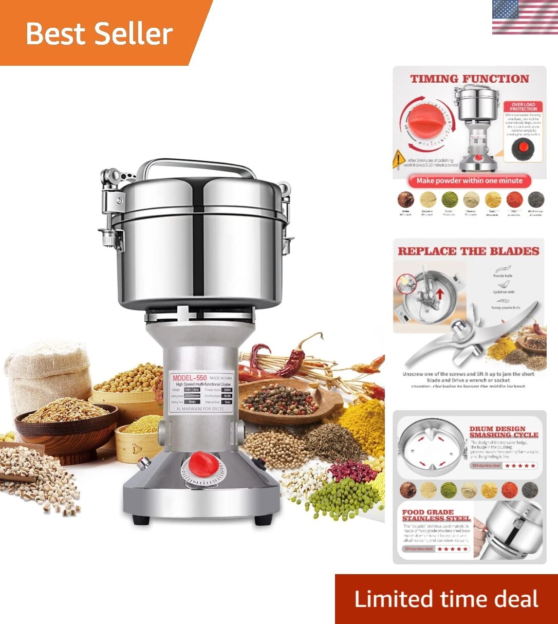 Electric herb Grinder 550g High Speed Electric Stainless Steel Spice Grinder ...