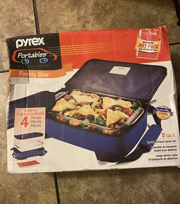 PYREX Portable Hot Cold 2 Qt 7 x 11  Glass Bakeware Carrier Set 4 Piece NOB!