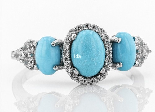 Natural Turquoise 10k White Gold Ring Women Women Jewelry Enngagment Tr-Stone - Picture 3 of 4