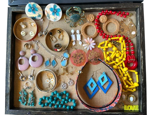 VTG 1970s MOD Jewelry LOT Lucite Rhinestones Enamel Spring Bangle Natural Stones