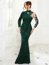 Sequin Lace Evening Maxi Dress Full Sleeved Hollow Out Prom Event Formal Gown