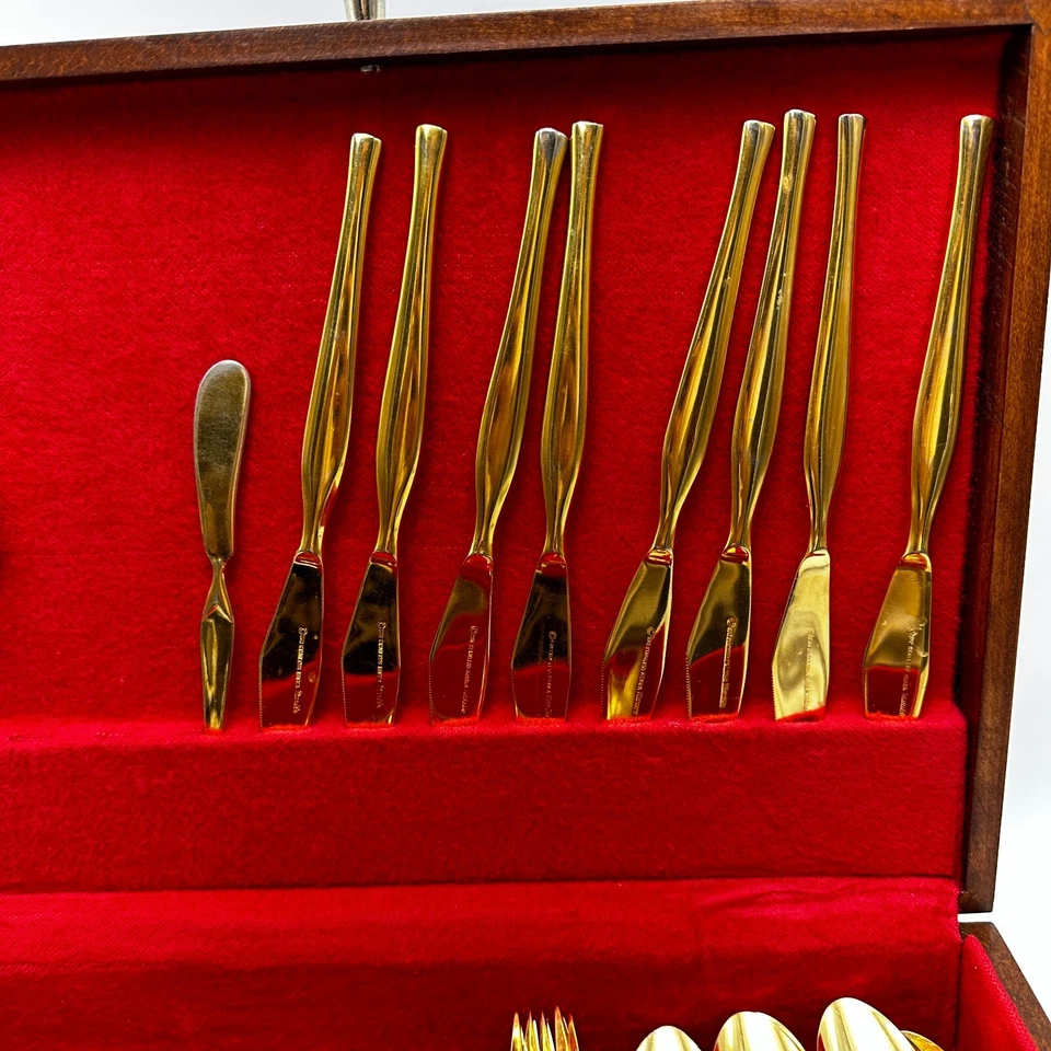 Cubiertos vintage chapados en oro de acero inoxidable cubiertos Rogers & Maribo 71 piezas TTL Foto 2 de 4