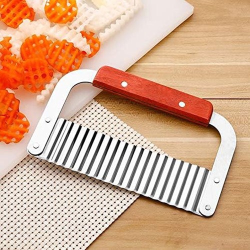 Stainless Steel Crinkle Cutter Potato Slicer w/ Wooden Handle for Carrot Veggies - Picture 2 of 10