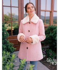 Gal Meets Glam Eloise Check Pea Coat Faux Fur Trim Large Pink White Wool Blend