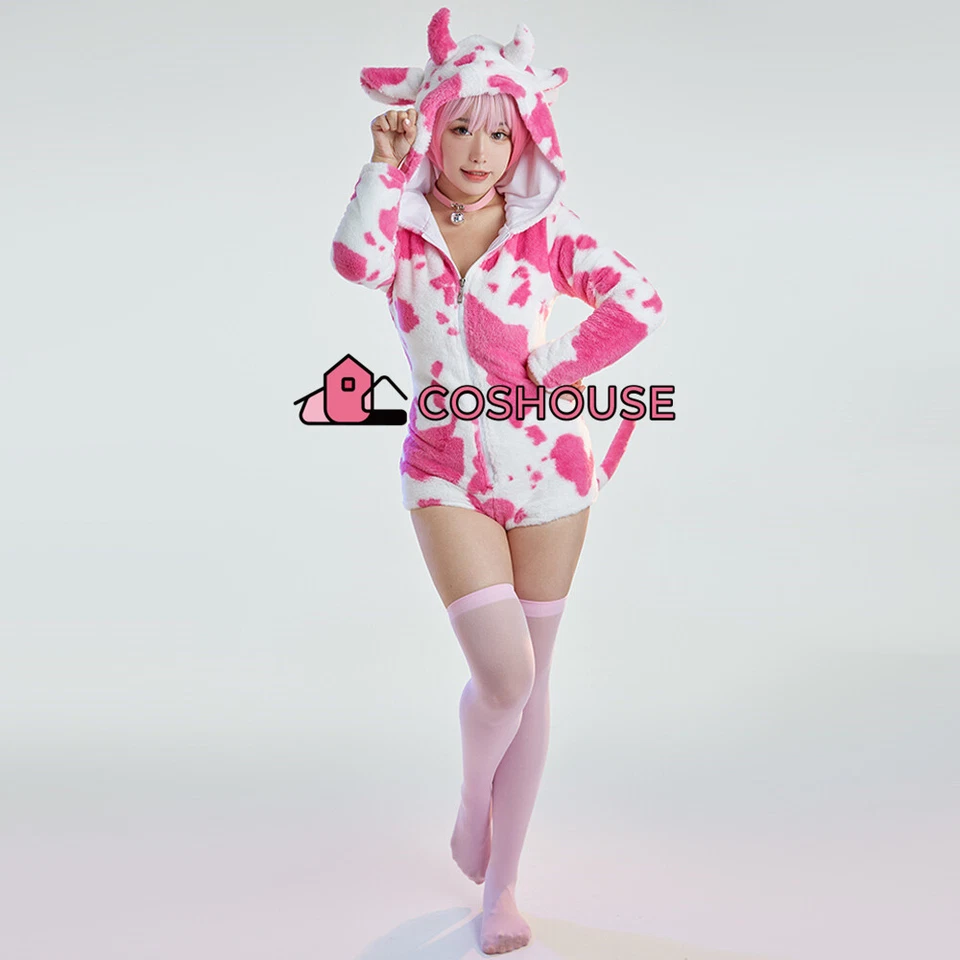 Mujer Una Pieza Pijama Sudadera con Capucha Rosa Vaca Mameluco Body Con Capucha Ropa para el Hogar con Calcetín Foto 3 de 4