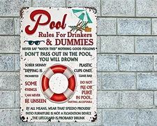 Pool Rules For Drinkers & Dummies Sign Aluminum Metal 8"x12" Funny Deck Patio
