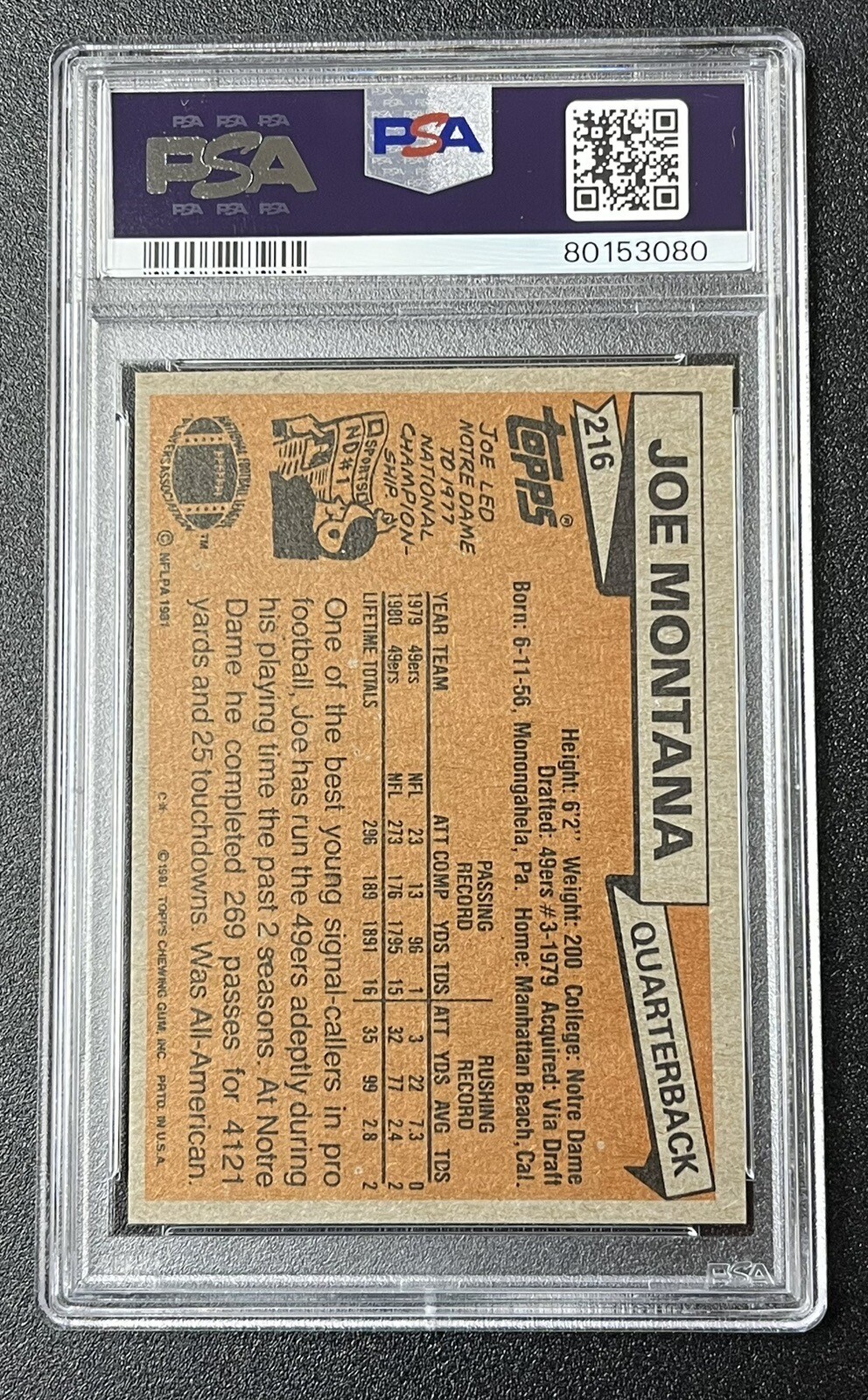 1981 TOPPS JOE MONTANA ROOKIE CARD 216 RC HOF PSA 6 EXMT EXCELLENT