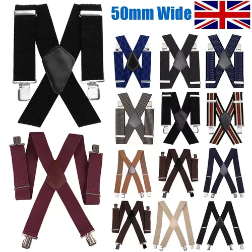 Mens XXL 50mm Wide Heavy Duty X Shape Braces Elastic Suspenders Trouser Clips Uk - Picture 1 of 27