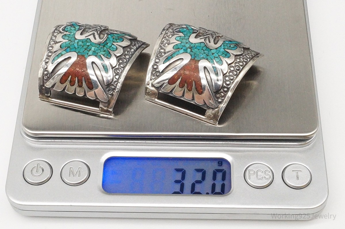 RARE Native American Thomas Singer Turquoise Coral Silver Watch Ends TIPS Thomas-Singer-Rare-Hallmark-  main image 3