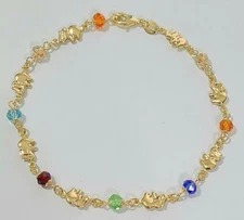 Elephant Ankle Bracelet Colored Stones 10 inch Long Gold Filled Anklet  # 136