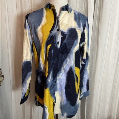 Chicos Swirl Print Button Up Tunic Womens 6 Long Sleeve Watercolor Cotton Blend