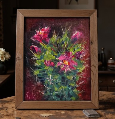 Cactus Flower 6x8'' Painting   Mammillaria Magenta Bloom, Palette Knife Texture