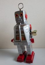Schylling MS 403 wind up metal toy Robot - walks with sparking eyes video