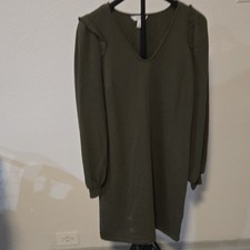 Nine West Olive Sweater Dress M Knee Length Long Sleeve Ruffle V-Neck