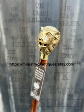 Brass Lion Handle Wooden Walking Stick Polished Foldable Handcrafted Cane