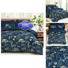 Yiran Navy Blue Floral Comforter Set Queen Size 7 Piece