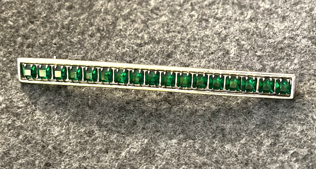 Vintage YSL Forest Green Rhinestone Crystal Bar Brooch Pin