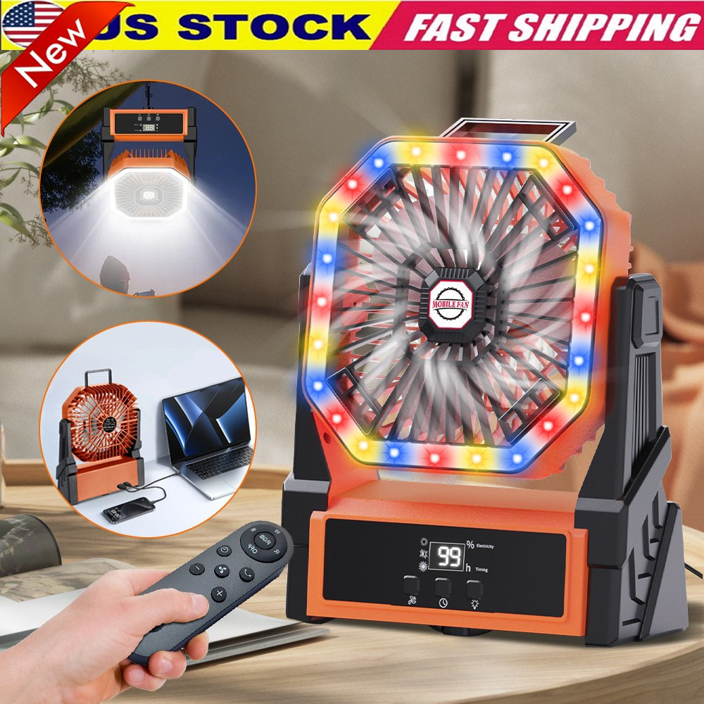 Portable Battery Powered Camping Fan USB Rechargeable Variable Speed w/LED Light