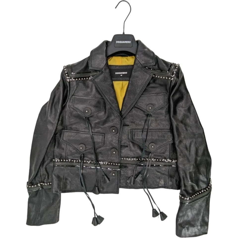 DSQUARED2 Womens Biker Leather Jacket Slim Fit Ladies Zip Up Winter Outwear Coat - Image 3 of 4