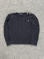Vintage Ralph Lauren Girl Navy Blue Sweater Cable Knit Pony Preppy Sz 5 90s Y2K