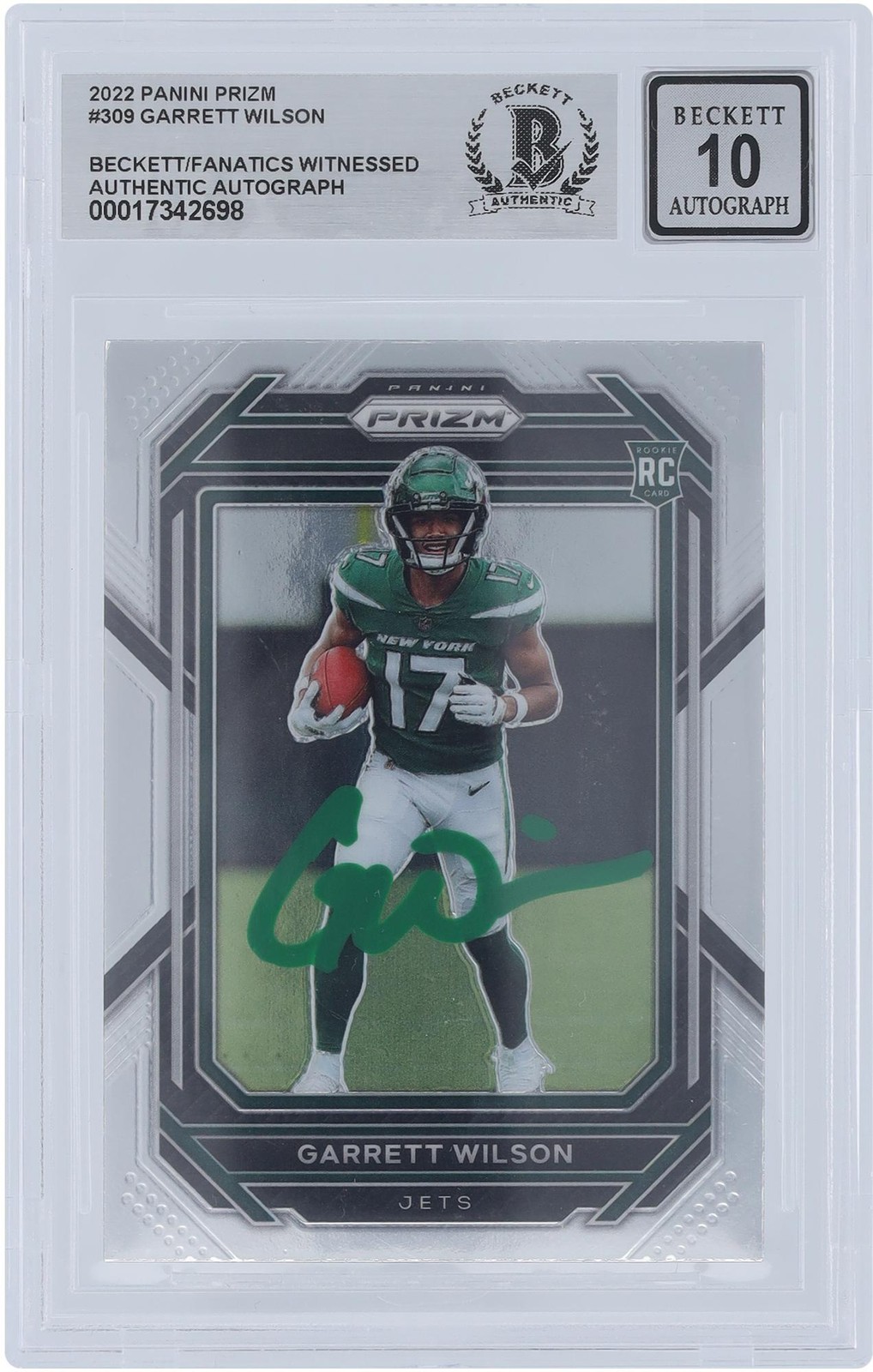 Garrett Wilson Jets Signed 2022 Panini Prizm Green Ink #309 BAS 10 Rookie Card