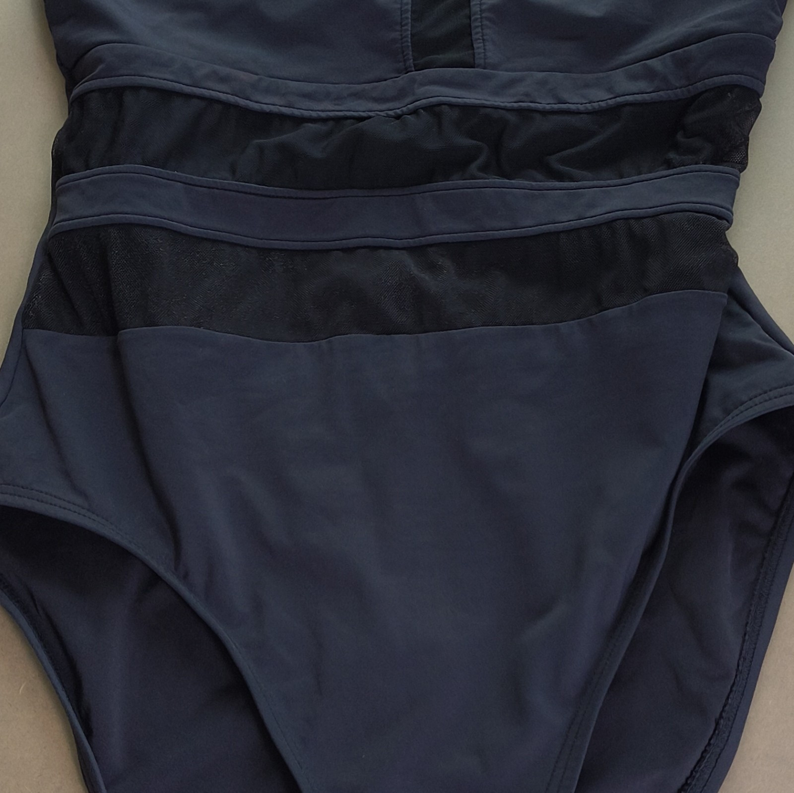 Black Mesh Accent One-Piece Tank Swimsuit, Size 8, Stretch Swim Briefs, Women