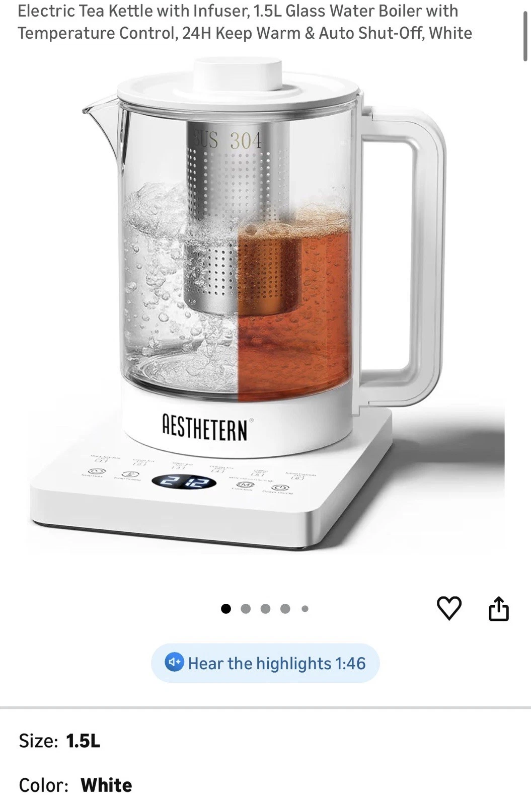 Electric Tea Kettle + Infuser, 1.5L Glass, Temp Control, Auto Shut-Off, White
