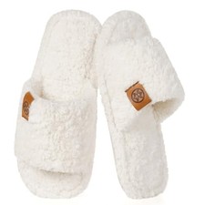 Fuzzy Open Toe Slippers for Women Soft Memory Foam Indoor House 7-8 White