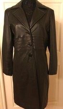 Women Nine West Large Petite Black Genuine Real Leather Knee Length Trench Coat