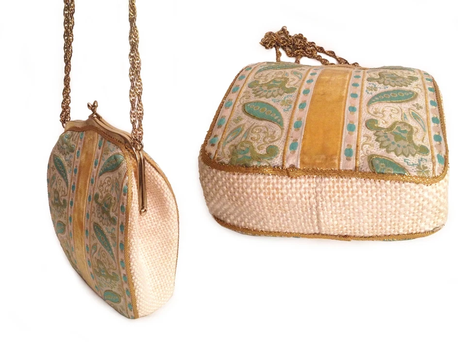 De colección. Cartera de noche tapiz de terciopelo amarillo y brocado de seda - Retro en mal estado Foto 2 de 4