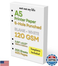 A5 Blank Paper, 120 GSM, 6-Hole Punched, 200 Sheets (400 Pages), Printer Pape