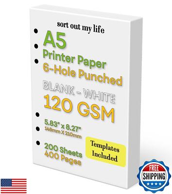 A5 Blank Paper, 120 GSM, 6-Hole Punched, 200 Sheets (400 Pages), Printer Pape