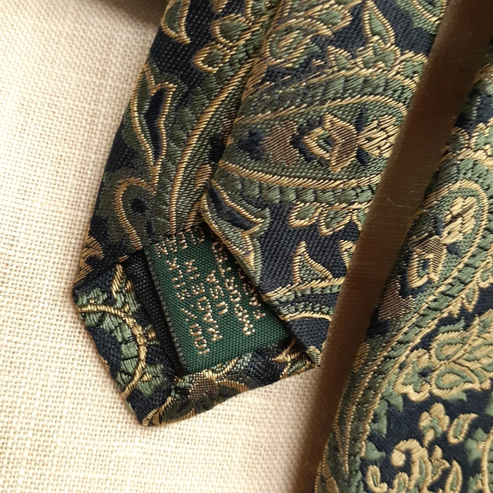 Винтажный J. Мужской галстук Crew 100% шелк сделано в США темно-синий золотой зеленый пейсли - Изображение 3 из 4