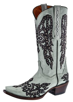 Womens Off White Western Wear Boots Cowboy Dress Cross Wings Snip Toe Size 6, 7