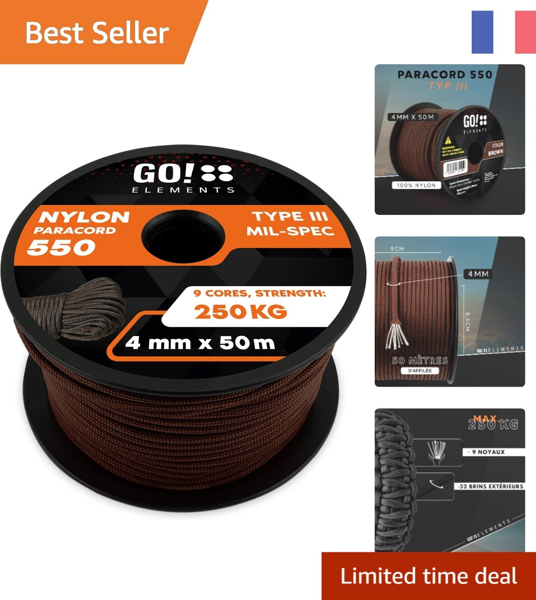 Corde Paracorde 4mm Haute Résistance 250kg en Nylon Noir GO!elements
