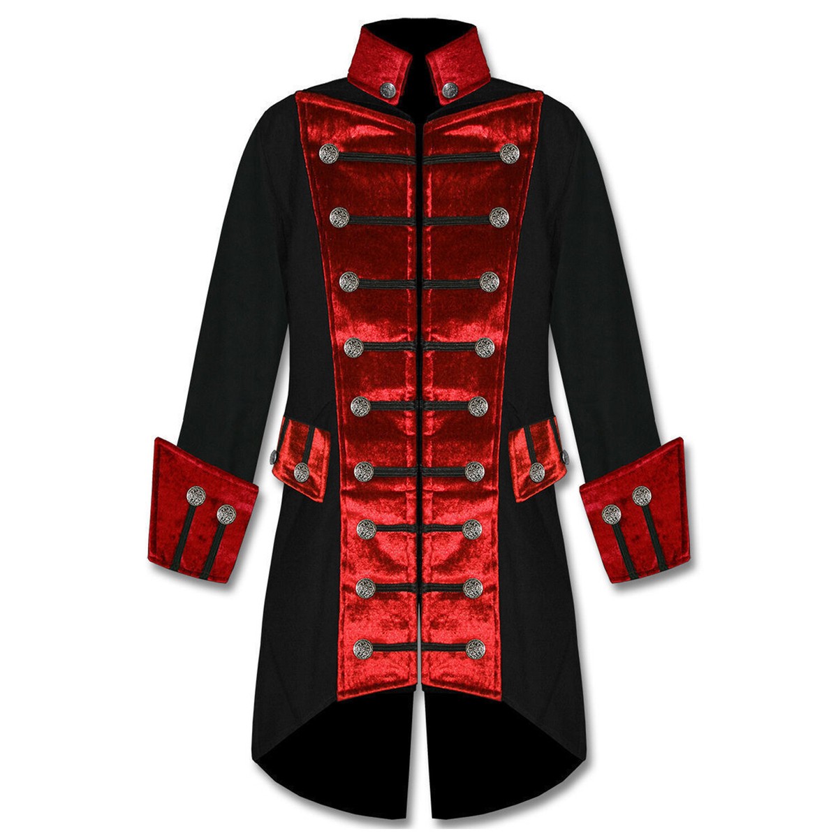 MENS BLACK RED VELVET TRIM STEAMPUNK VAMPIRE GOTH JACKET PIRATE