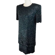 Vintage LAURENCE KAZAR Black Fully Beaded Shift Dress Short Sleeve Silk Art Deco