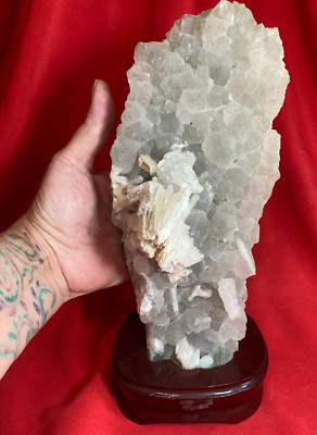 Chalcedony with Anhydrite Natural Crystals on Custom Wood Stand from Brazil D211