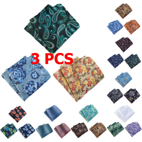 3 PCS Men Colorful Flowers Paisley Stripe Pocket Square Hanky Handkerchief Set - Picture 1 of 9