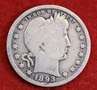 1893 Barber Quarter 90% Silver Coin BQ524