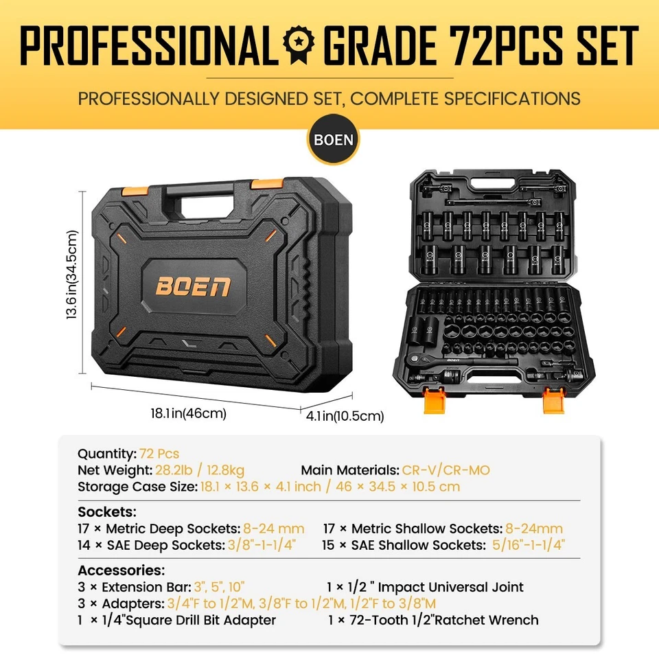 1/2" Drive Impact Socket Set 72 Pcs,Standard SAE (5/16"-1-1/4") & Metric(8-24mm) - Image 2 of 4