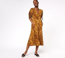 Susan Graver Sz XL Printed Liquid Knit Elbow Sleeve Midi Dress CARAMEL A607358