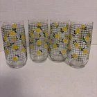 Set Of 4 Vintage Yellow Rose Green Leaves 16 Oz Anchor Hocking Glasses