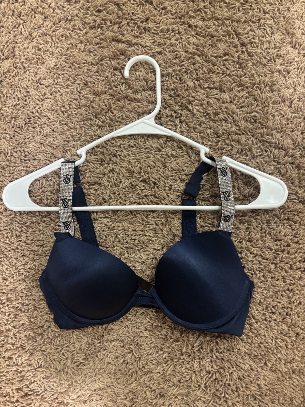 Victoria's Secret Women's Push Up Bra size 32C, Navy blue with rhinestone straps