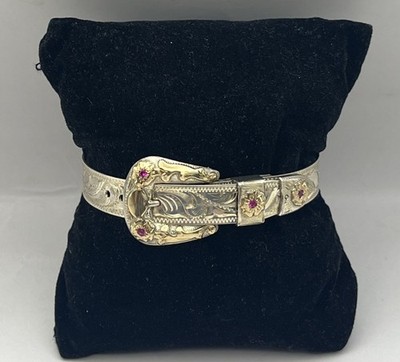 1993 Fritch Bros Sterling Silver Belt Bracelet With Rubies 10k Gold Overlay